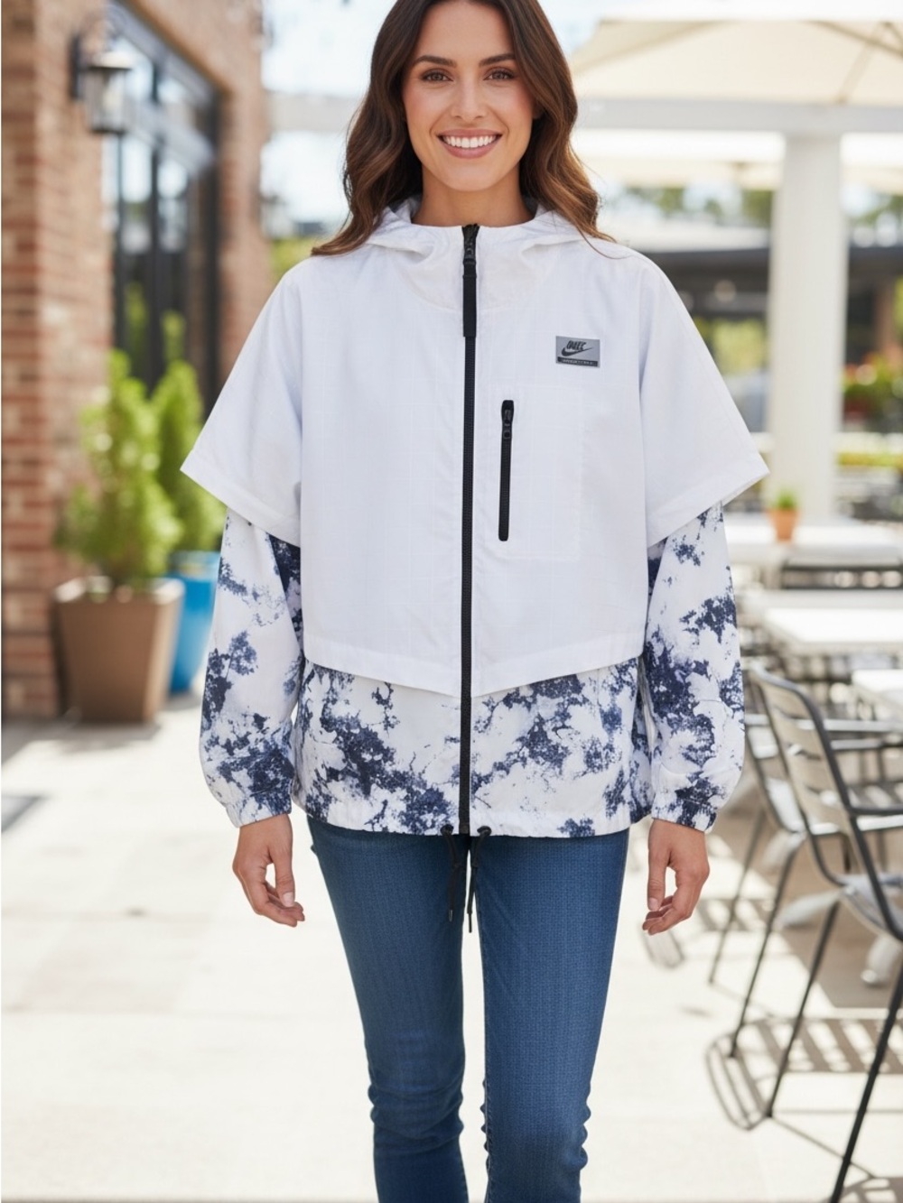 Nike White Bomber Jacket with Navy Tie-Dye Layers